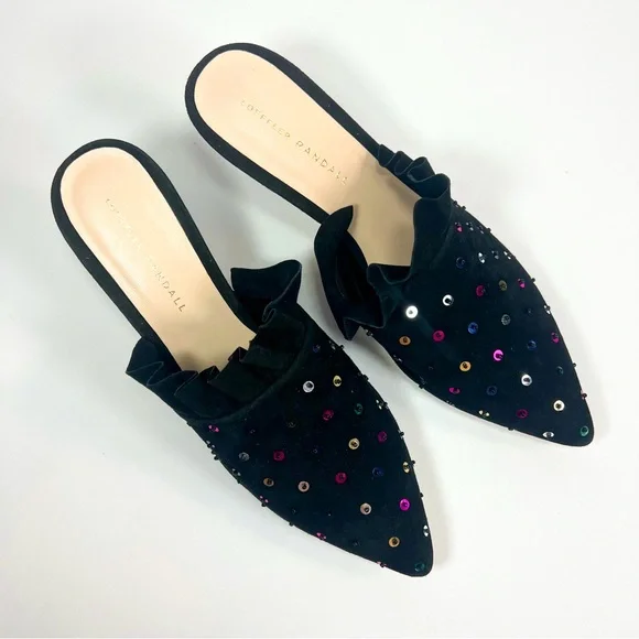 Loeffler Randall Berkley Black Suede Sequin Mule Kitten Heel Pointed Toe size 10